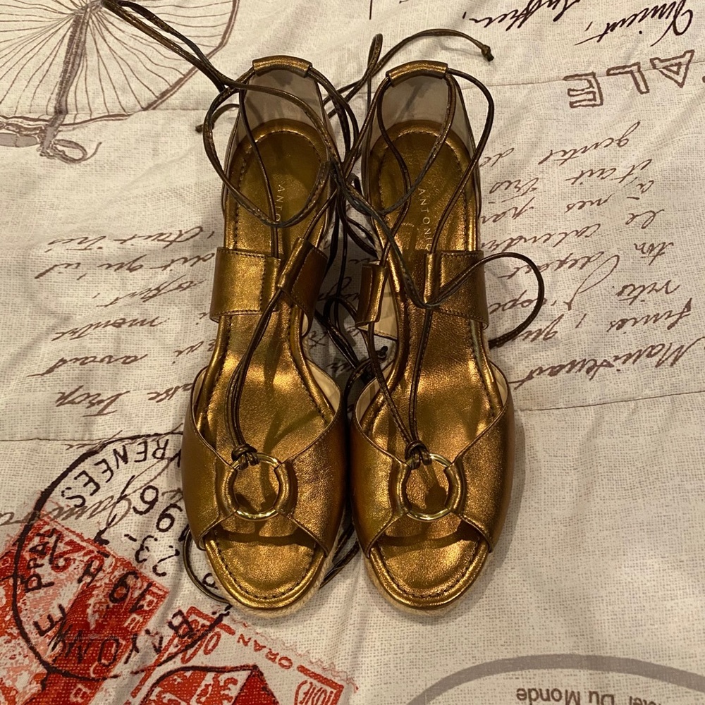Antonio Melani EUC bronze wedges with leg ties